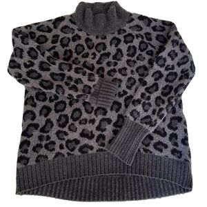 🐆 Cynthia Rowley Mock Neck Sweater-Wool Blend- Leopard Print Black, Gray-Sz L